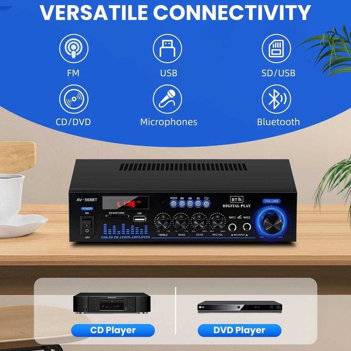 Amplificator Hi-Fi 1000W BT 5.0 cu radio FM și intrare USB – Portabil