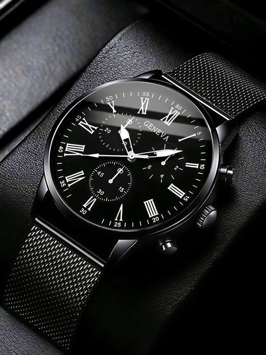 Ceas Geneva companie Timesora – full black, detalii argintii