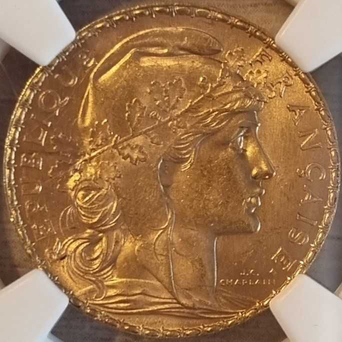 Moneda aur 20 franci francezi 1912, gradata NGC MS 64.