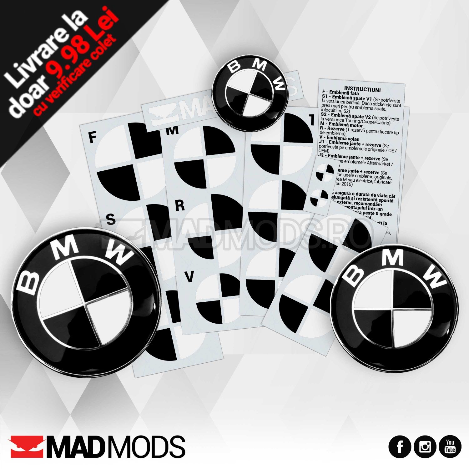 Set Stickere Embleme Negru cu Alb BMW Seria 1 2 3 4 5 6 7 8 X i M