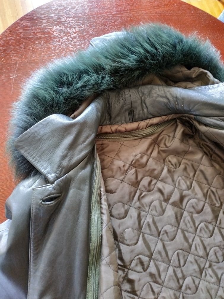 Дамско кожено яке с качулка, L-XL, маслено зелено