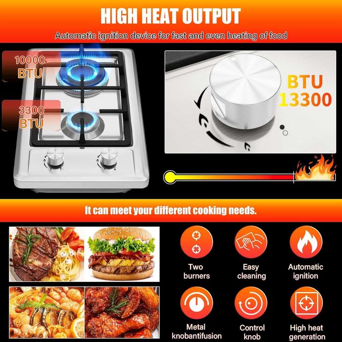 Газов котлон от неръждаема стомана, 2 горелки със защита,51 см x 31 см