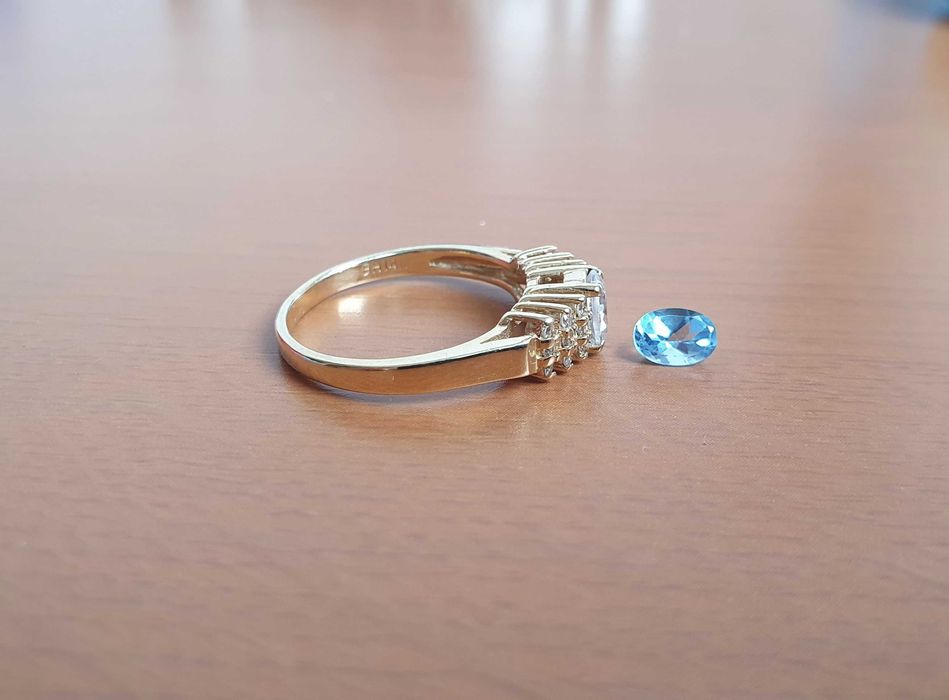 Златен пръстен 14K с 18 естествени диаманти , Подарък син сапфир