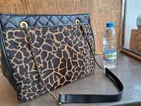 леопардово черна чанта с две страни за носене-естествена кожа и косъм