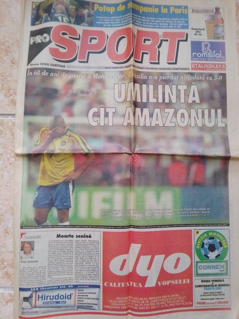 Vând ziar sport finala C.M.1998 Franta-Brazilia