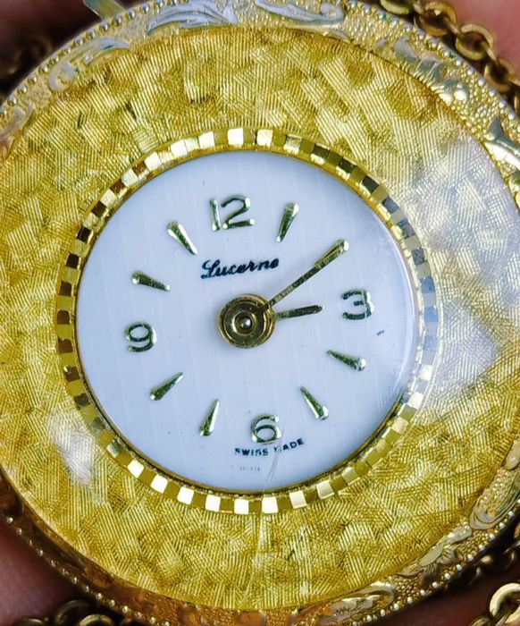 Ceas damă mecanic Lucerne, pandantiv cu lanț, un rubin, placat cu aur