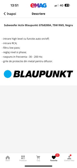 Subwoofer auto Blaupunkt activ Gtb8200A