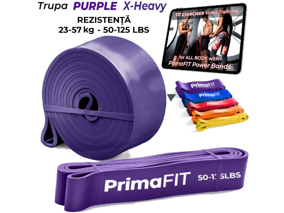 Banda Fitness Elastica, Video cu 111 Exercitii, Latex, Rezistenta 57kg