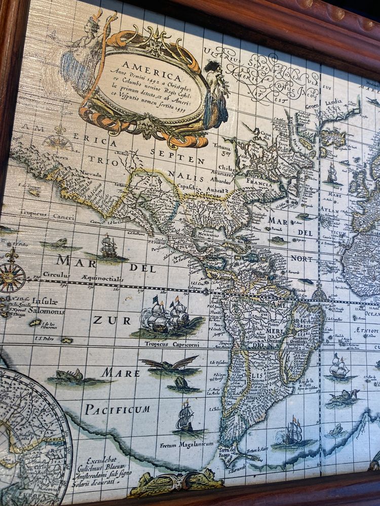 Tablou rama lemn cu harta Americilor si Europei 1492-1499