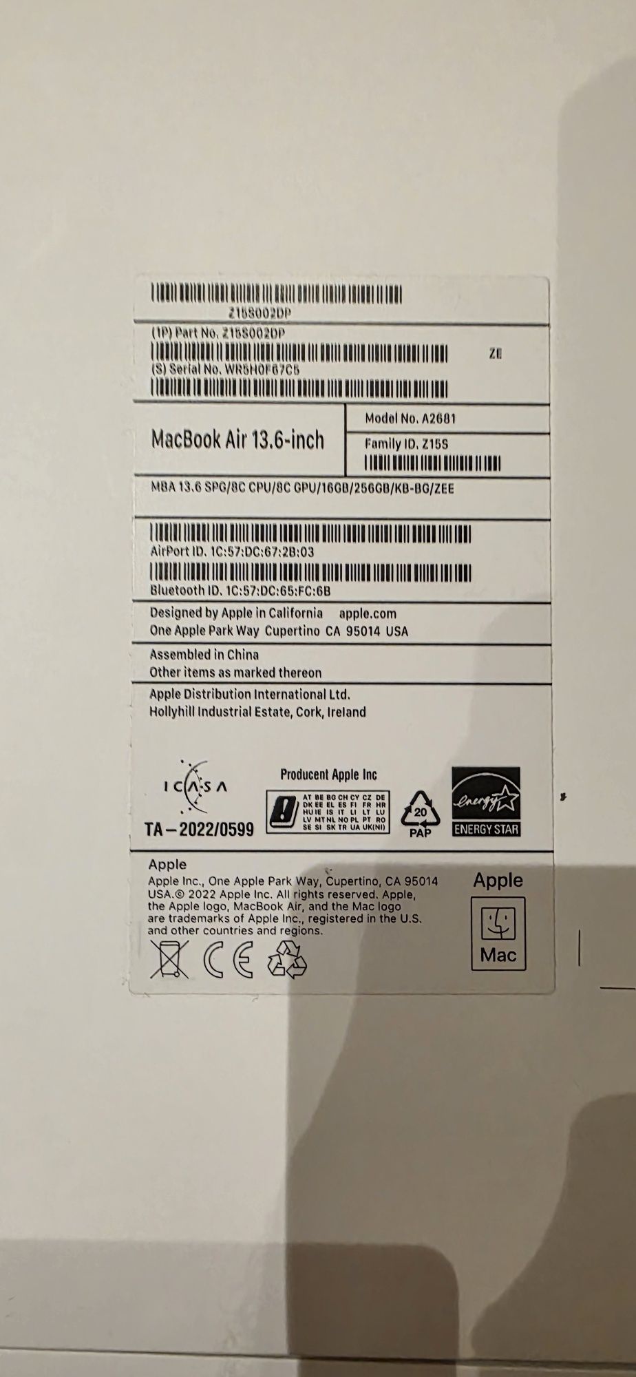 Apple Macbook air 13,6 2022 m2 Ram 16GB 256GB Grey