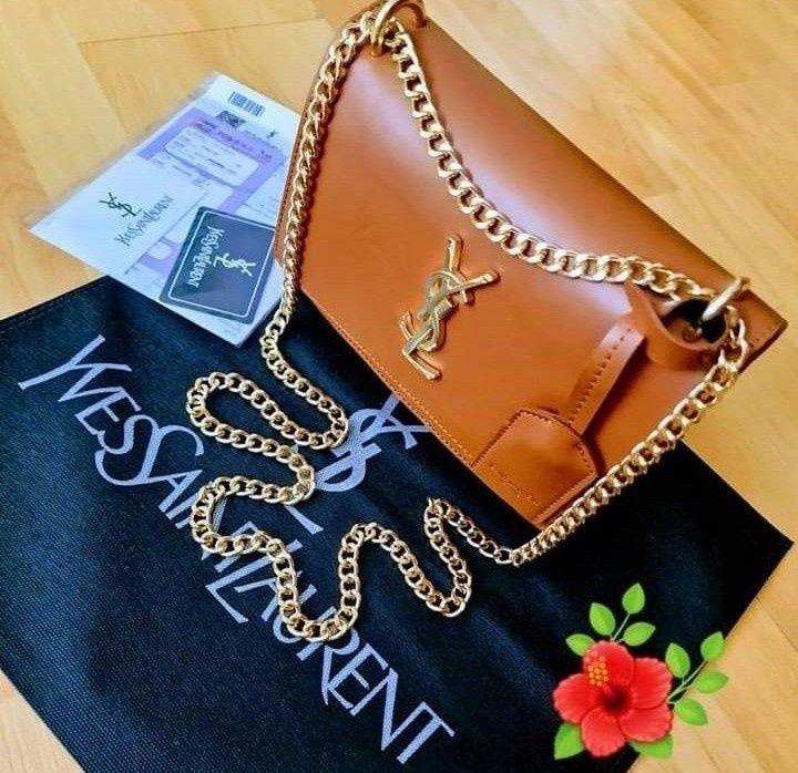 Geanta  Ysl cognac, logo metalic auriu, saculet, etichetă