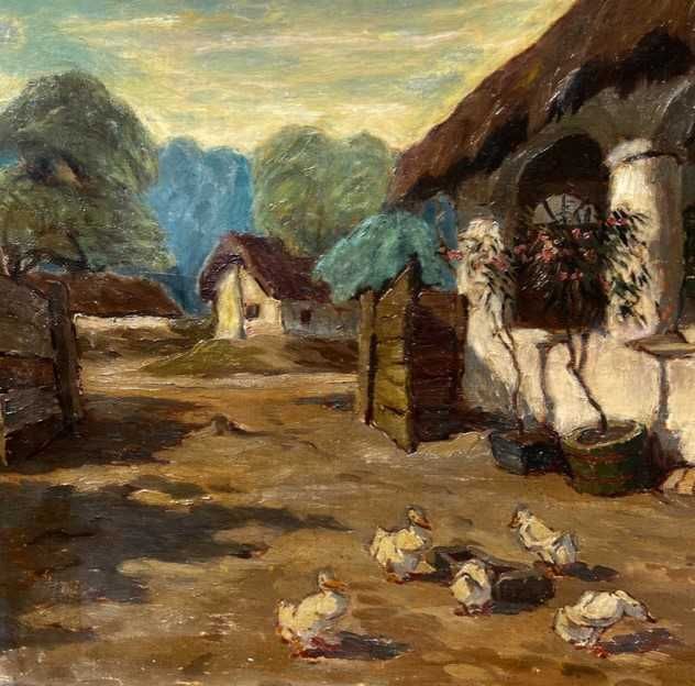 ”Fată în costum national în fața casei”  ul/pz 70x50cm