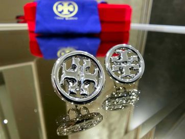 Tory Burch Silver Tone Plated Miller Logo Stud Дамски Обеци