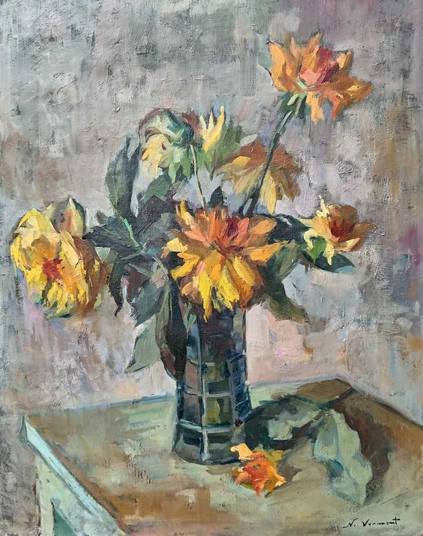 Tablou vechi - flori galbene - semnat N. Vermont