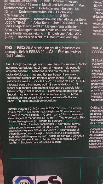 Masina bormasina de găurit și insurubat cu percutie Parkside PSBSA 20