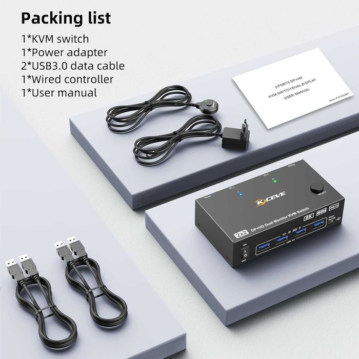 KVM HDMI Switch KCEVE 8K 2 PC 2 Monitoare cu USB 3.0 și Telecomandă
