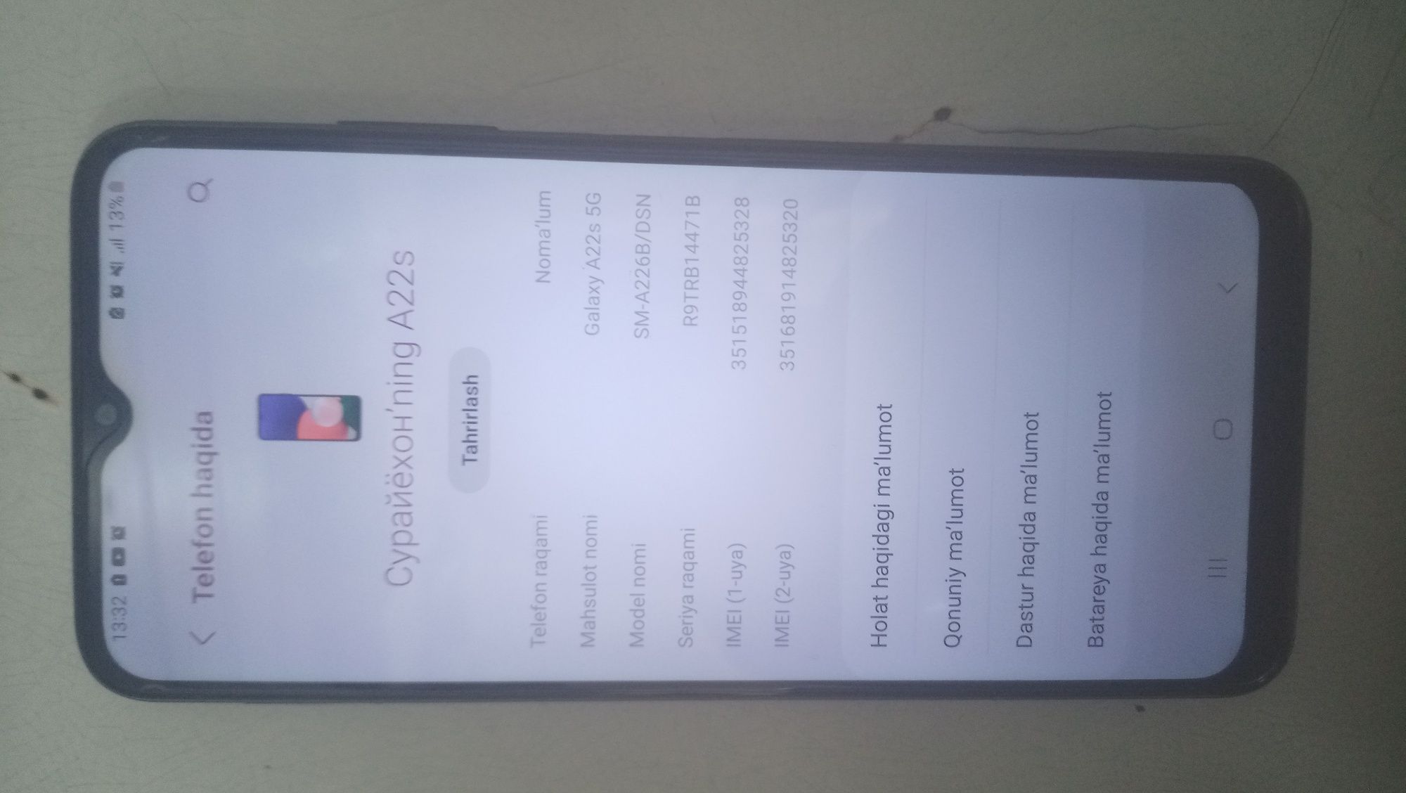 Samsung 22 S  128 tali xolati yaxshi ishlashi zor