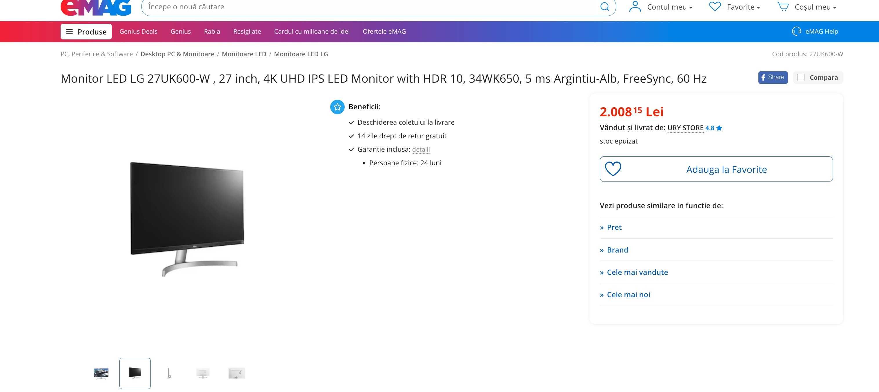 Monitor LED LG 27UK600-W, 27 inch, 4K UHD IPS Argintiu-Alb - Impecabil