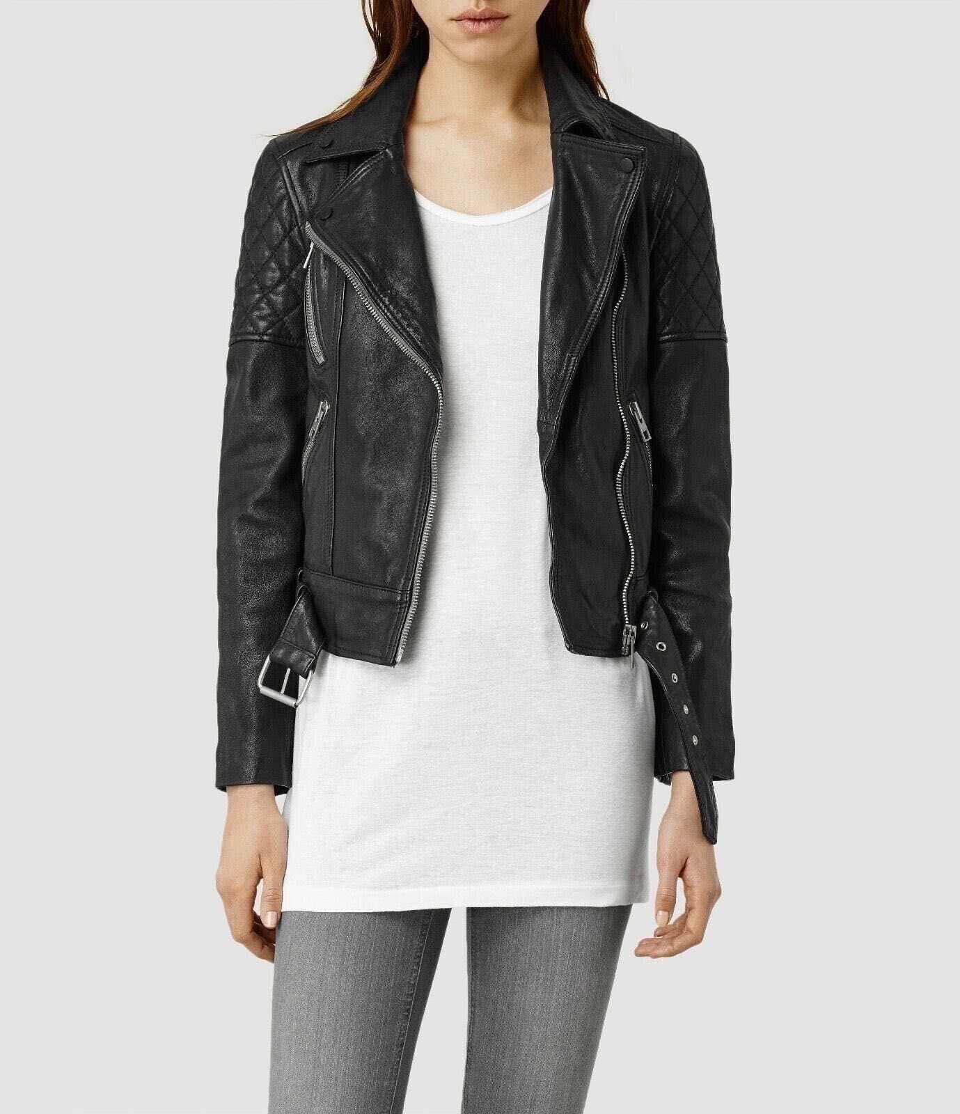 AllSaints Favel Ново Дамско Кожено яке Агнешка Кожа Черно Small UK 8