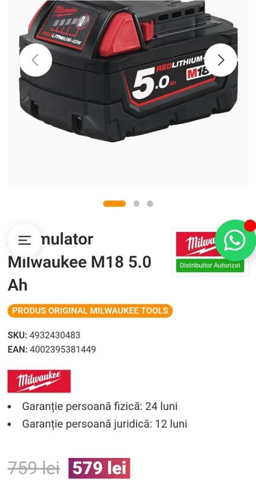 Baterie Milwaukee 5.0 Amp. nouă + adaptor Usb.