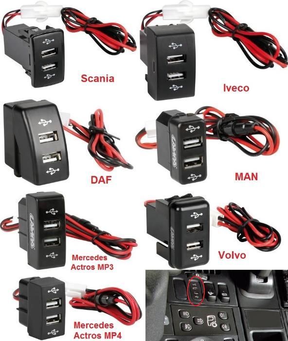 USB УСБ зарядно за вграждане за Скания Ивеко Ман Даф Волво Мерцедес
