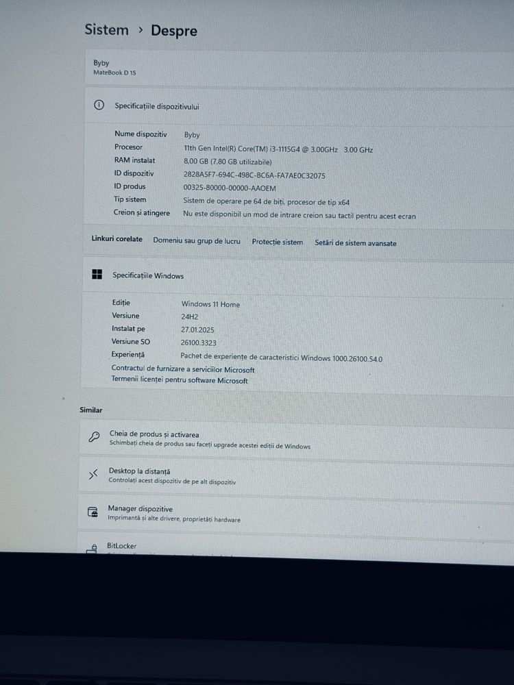 Vând Laptop Huawei MateBook D 15, Intel i3, 8GB RAM, Windows 11