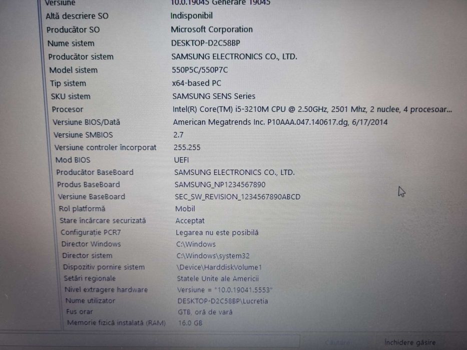 Laptop Samsung I5-3210M, 16 GB RAM, SSD 256 GB
