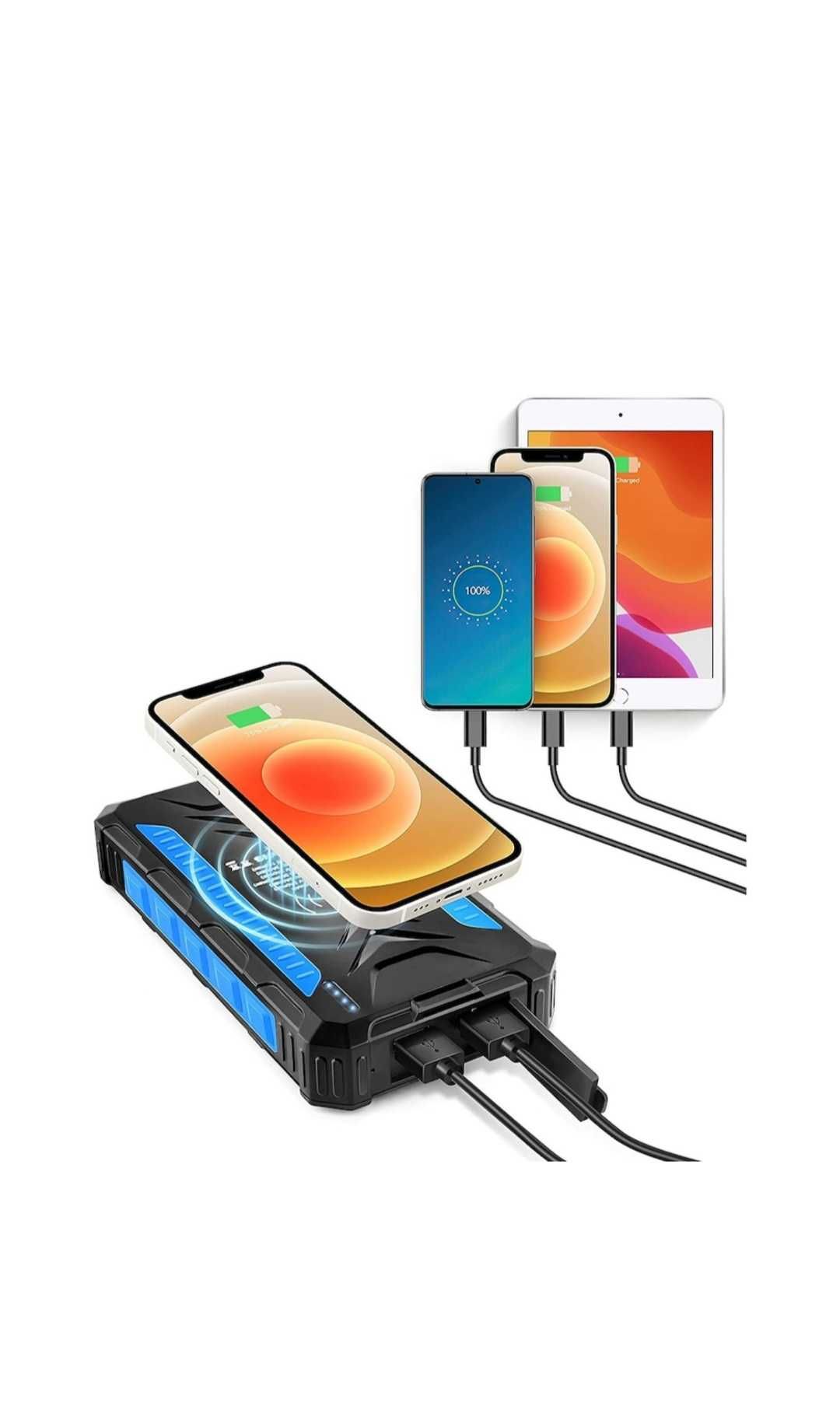 Външна батерия 36000 mAh, соларен Powerbank с Qi безжично зареждане