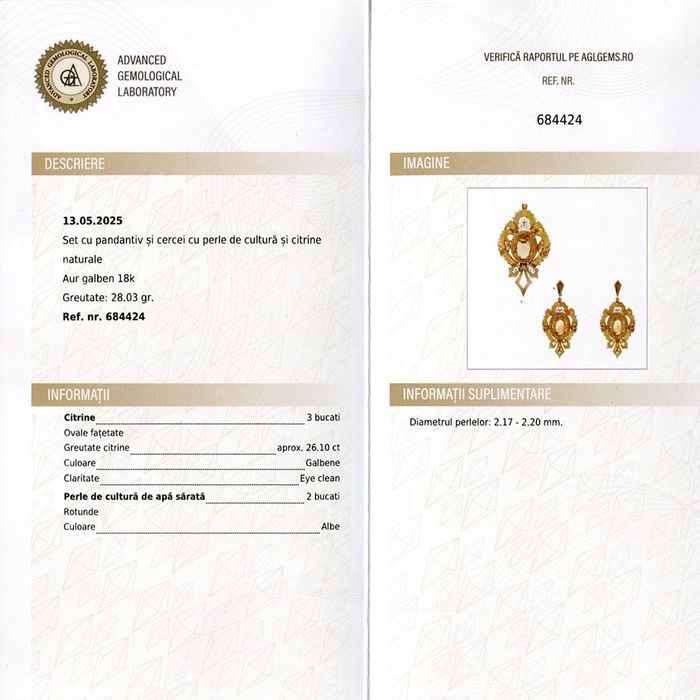 pandantiv f. mare, vintage, aur 18k, citrin, certif.