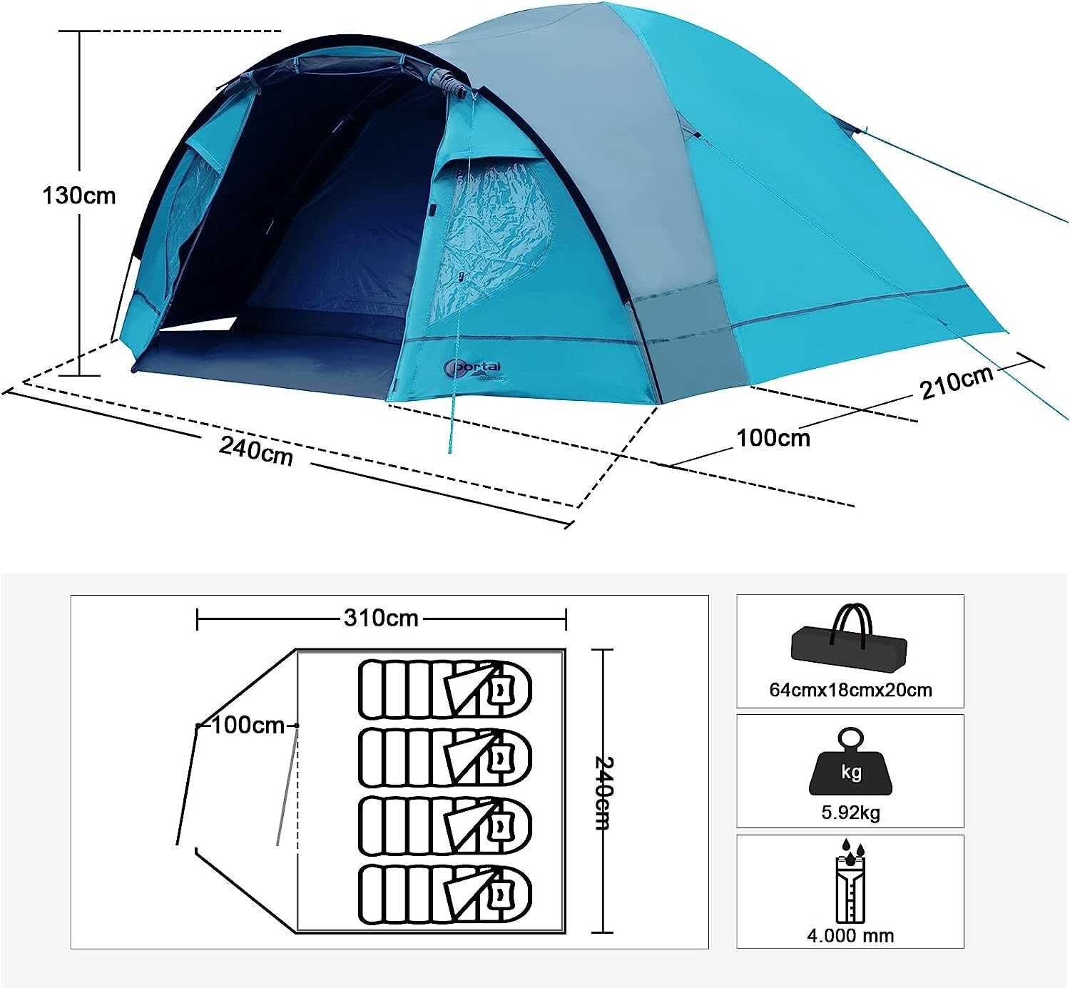 Portal лека куполна палатка за 3 до 4 души с веранда