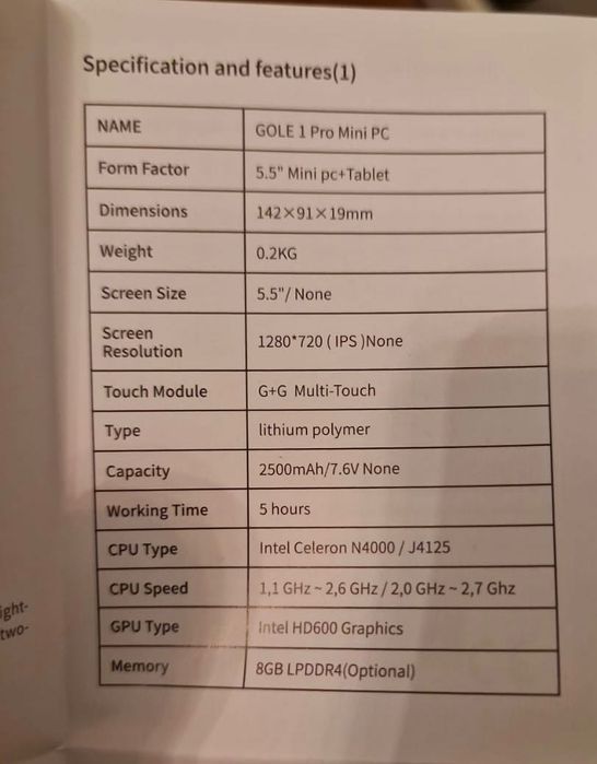Mini PC Tableta 5,5" J4125 ram 8gb EMMC 128gb Touchscreen 2500 mAh NOU