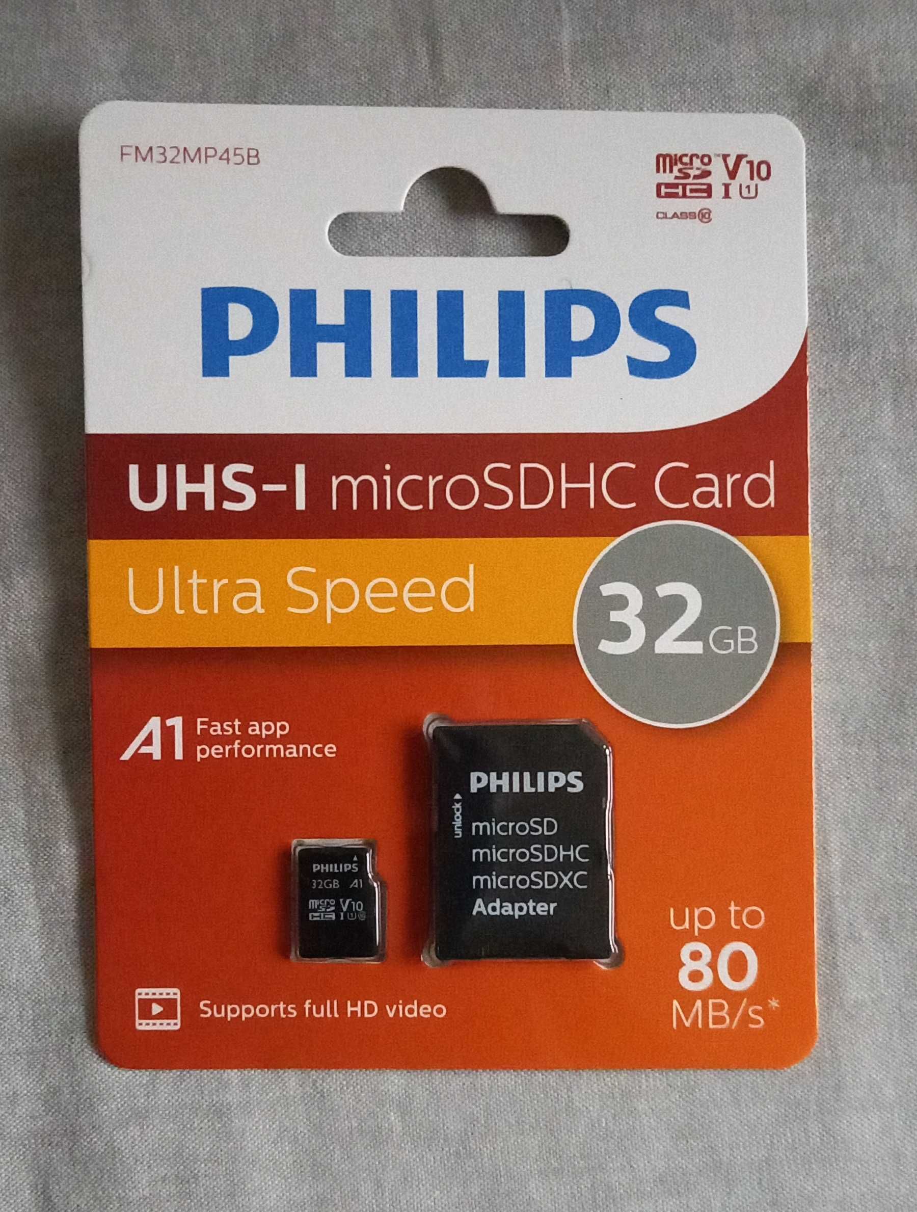 Карта памет Philips 32GB, microSDHC, class 10 с адаптер.