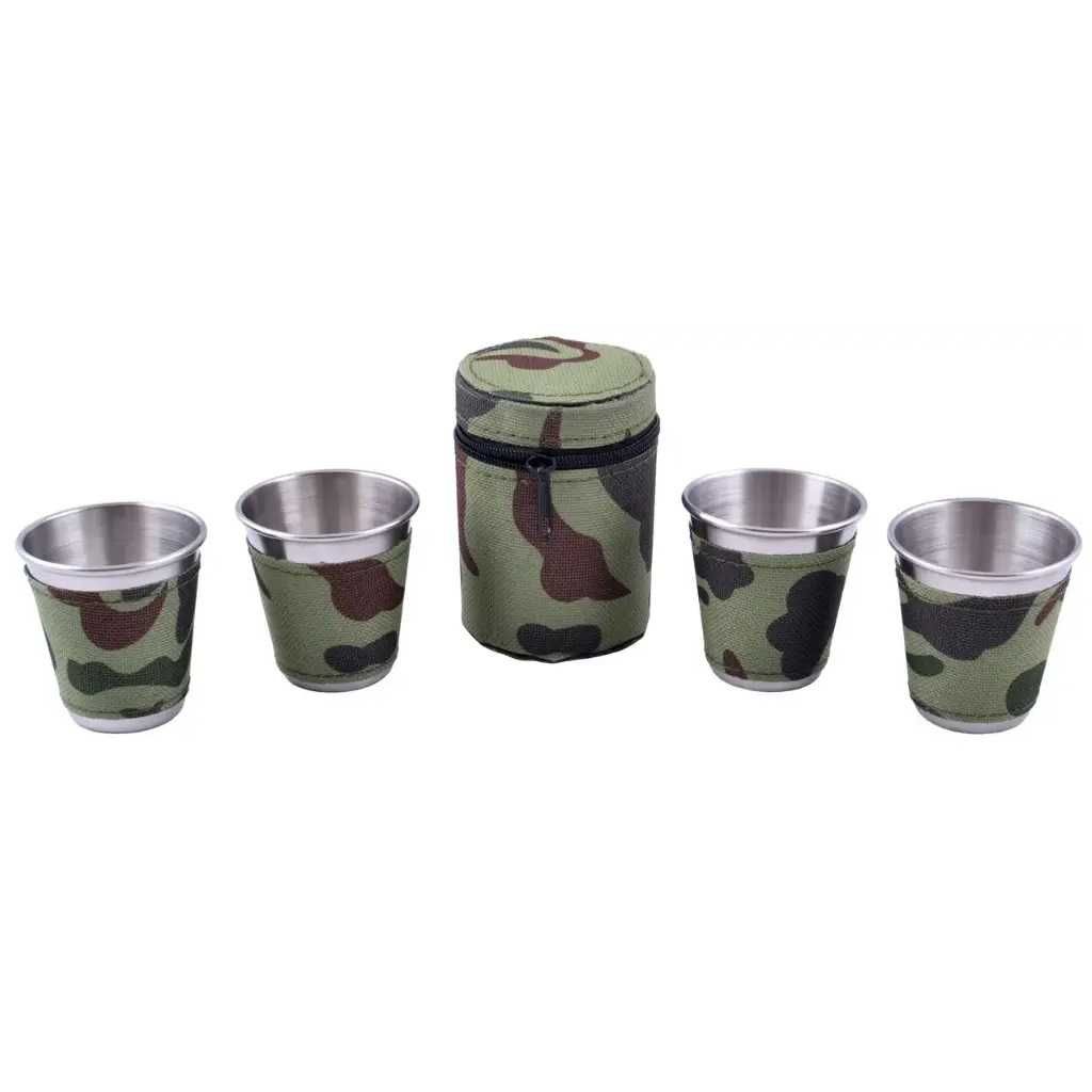 Set 4 Pahare inox pentru shoturi, husa camuflaj, 90 ml, camping