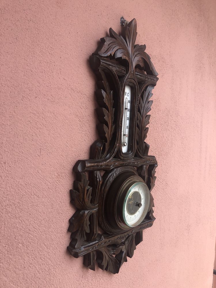 Barometru cu termometru vechi german,sculptat in lemn