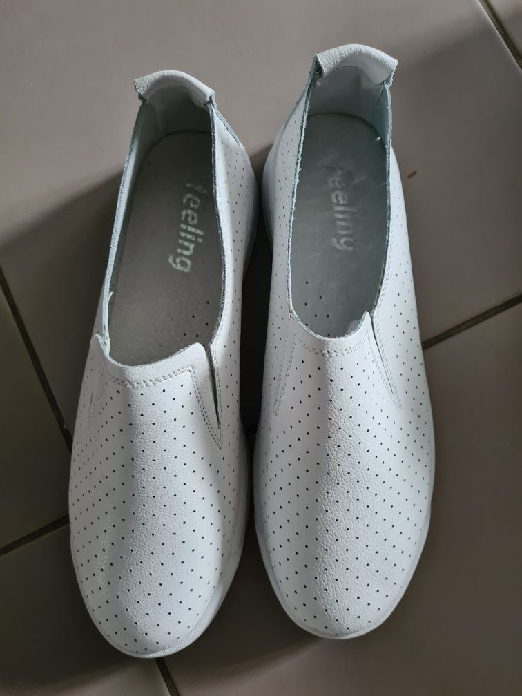 Pantofi piele, noi, albi, dama, talpa medicinala, 40, Feeling