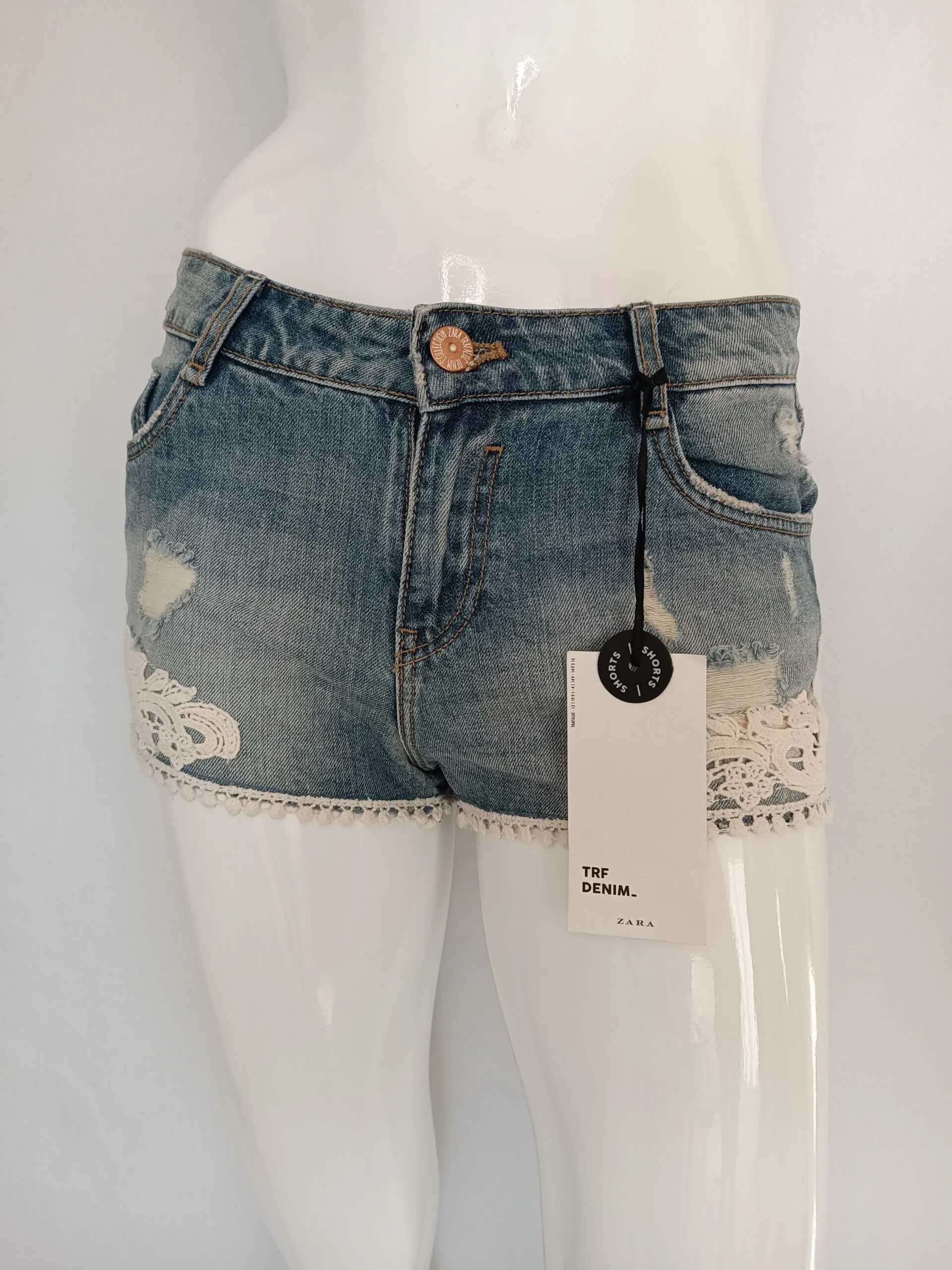 Pantaloni blugi scurți din denim Zara, cu aplicații din dantelă