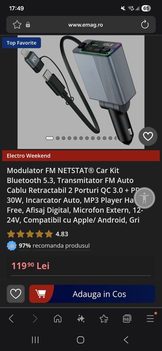 Modulator Fm /Bluetooth auto /incarcator 30w