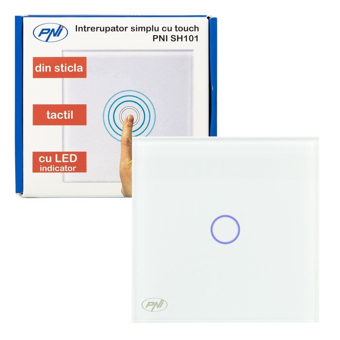 Intrerupator simplu cu touch PNI SH101 din sticla, alb cu LED