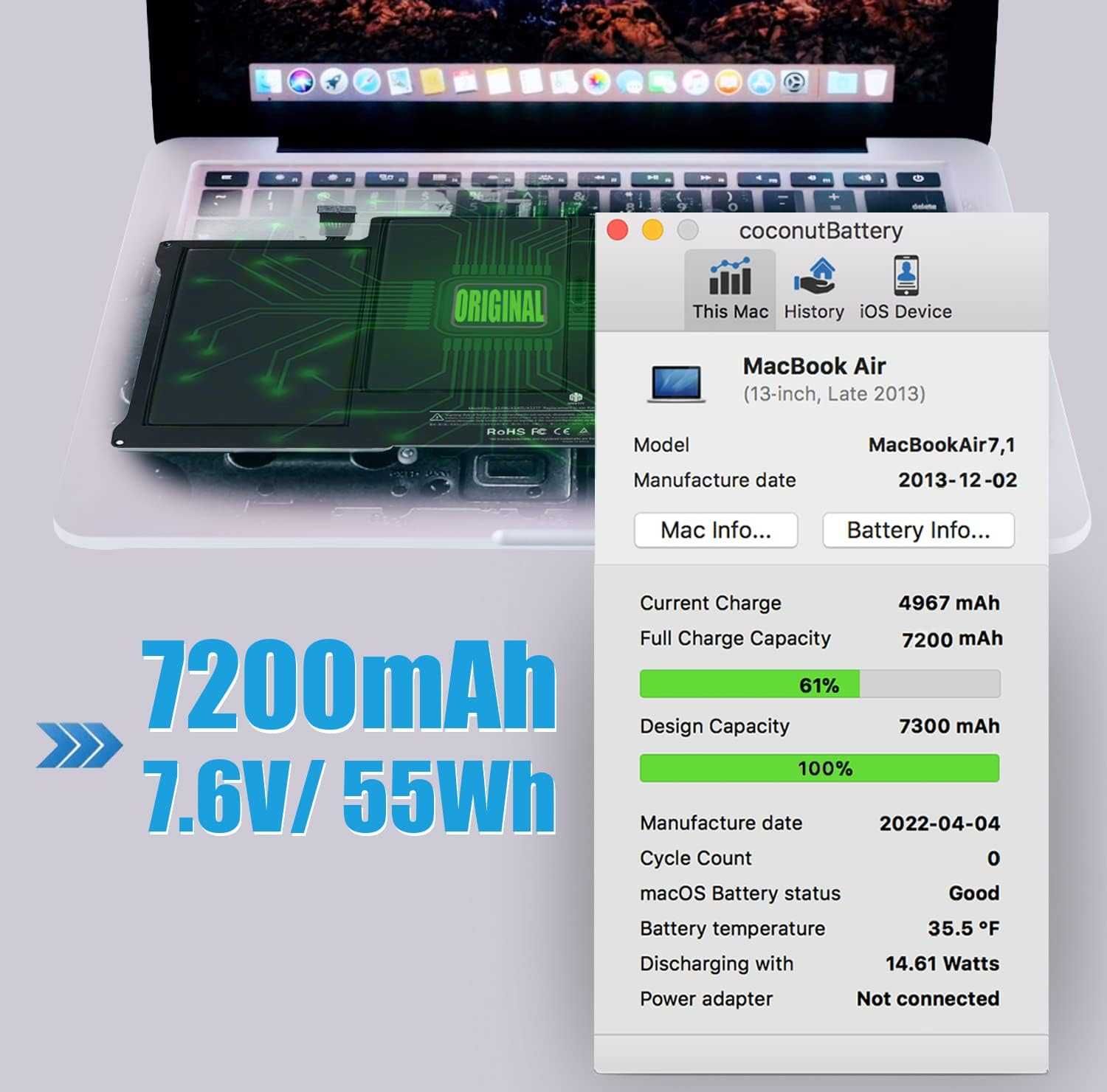 Батерия за MacBook Air 13 инча A1466, A1369, 7200mAh A1496 A1377 A1405