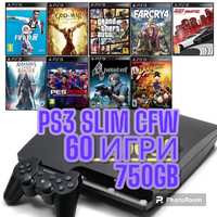 PlayStation 3 SLIM 750GB 60 ИГРИ цели качени +Безжичен джойстик