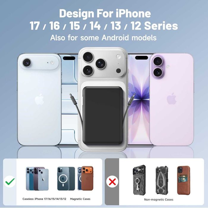 Външна магнитна батерия Magsafe Power Bank с вградени кабели,10000 mAh