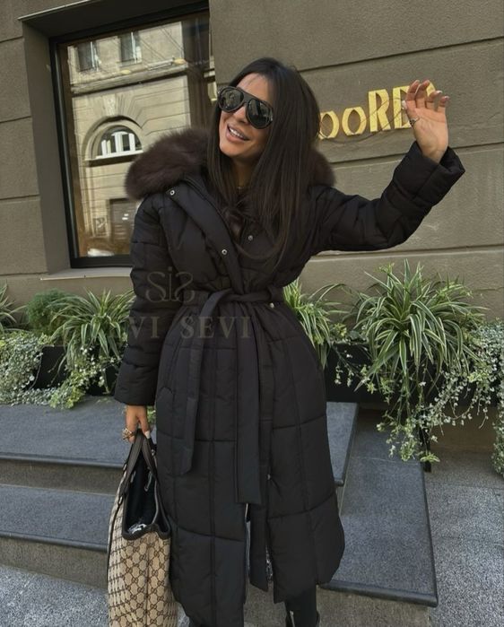 Jacheta lunga guler blana naturala