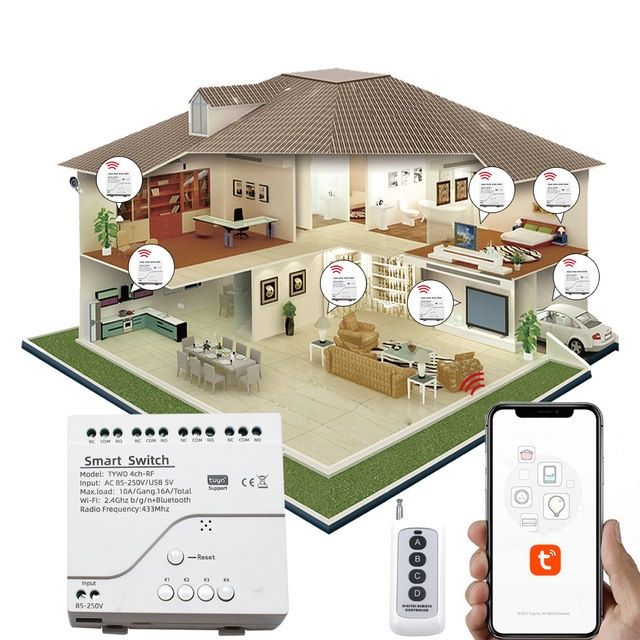 Tuya Smart WiFi+RF433MHz 85-250V реле 4-канала Alexa/Google Assistant