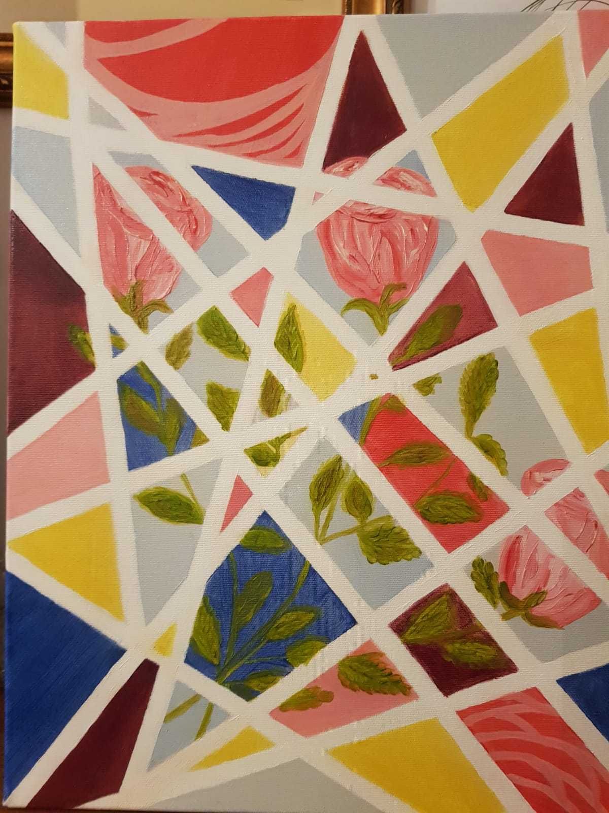 Pictura abstracta cu flori in ulei 50×40cm