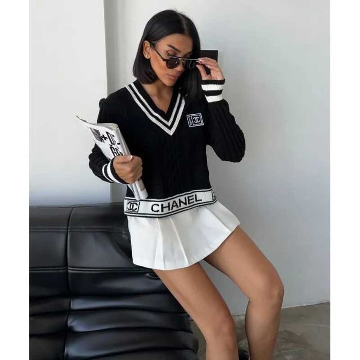 шанел бял черен пуловер блуза плетена chanel фина плетка суичър топ