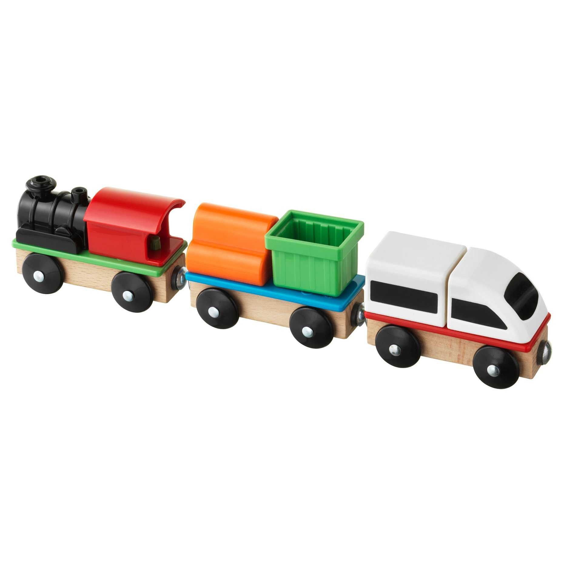 Дървено влакче с релси – IKEA + 24 вагончета + Thomas & Friends