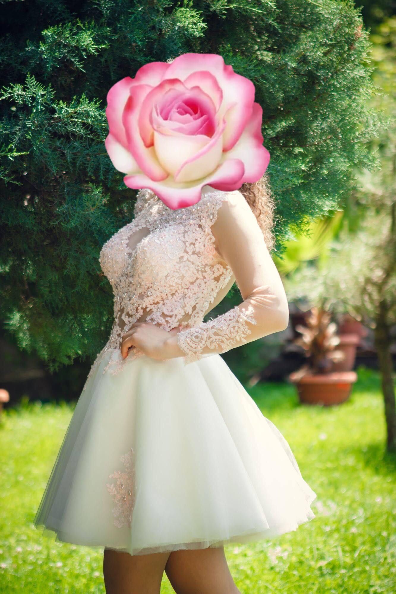 Бална/сватбена къса, без гръб, с ръкави и дантела розово-бяла рокля