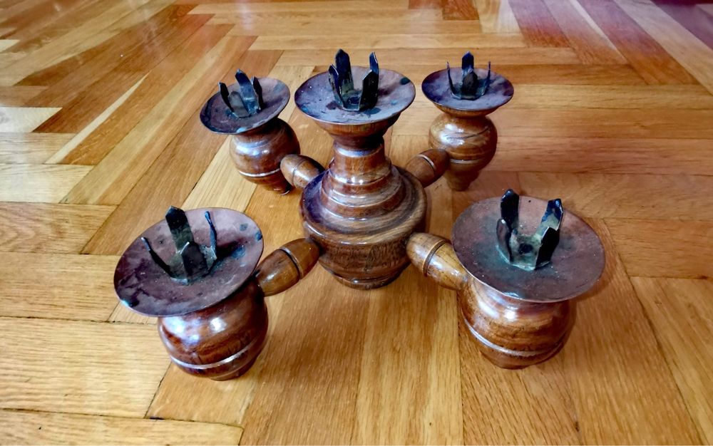 Антикварен дървен свещник за 5 свещи в стил Брутализъм ръчно изработен