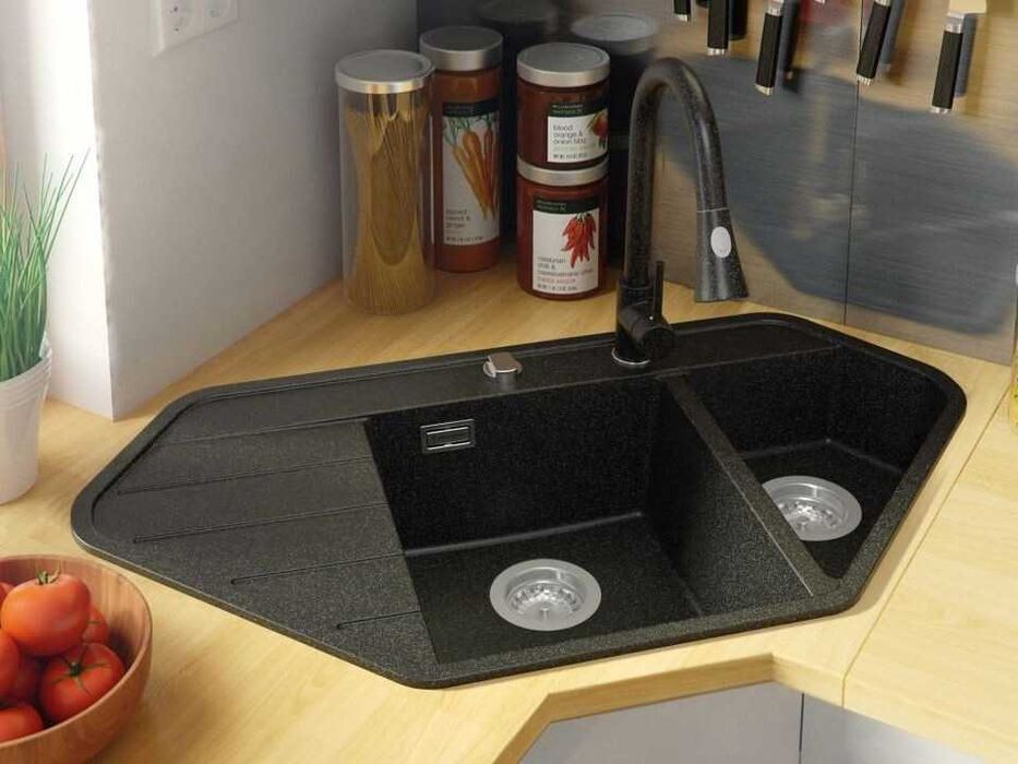 Графит ъглова кухненска гранитна мивка Копенхаген 900 Corner 900x500 м