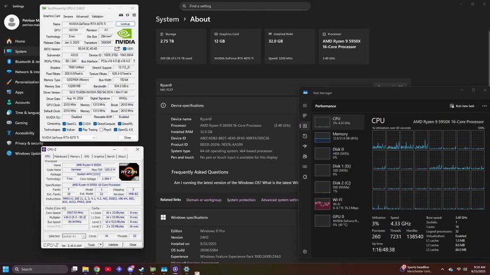 Vand PC Gaming Ryzen 9 5950x 16 Core, 32 GB RAM, 4070 TI 12 GB...